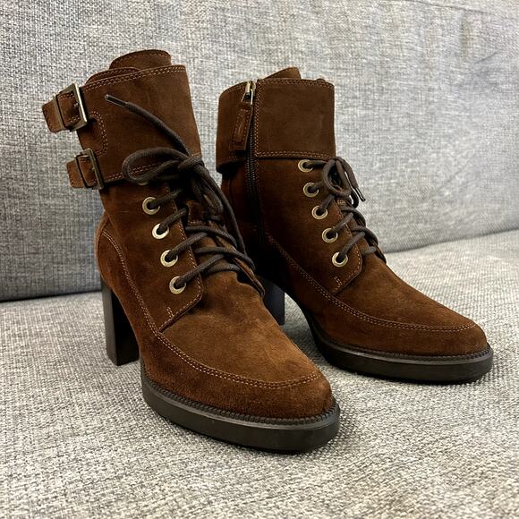 EUC Aquatalia Irene Brown Suede Boots Sz 8.5 Heeled Buckle Lace Up Ankle Booties - Picture 11 of 16